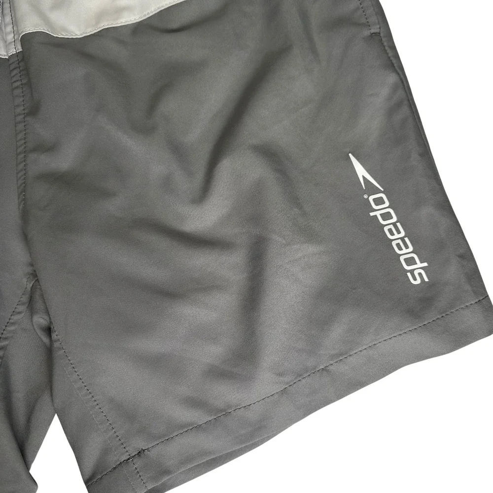 Speedo Swim Trunks Men Medium Grey Navy White Colorblock Mesh‎ Liner 7 Inch